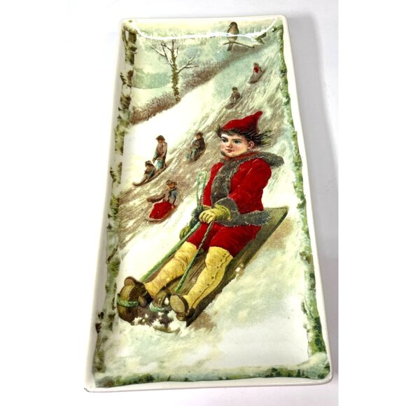 Vintage Magenta Exclusive Rectangular Winter Sledding Scene Tray Christmas - Picture 4 of 6